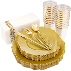 Disposable Dinnerware 50 Pieces Of Tableware Plastic Plates And Golden Silverware Wedding Birthday Party Decorations