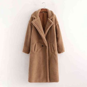 Evfer Women Casual Woolen Khaki Warm Long Coats Oversize Female Fashion Teddy Cashmere Loose Jacket Ladies Winter Thick Outwear 210421