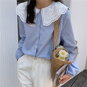 Korean Patchwork Lace Peter Pan Collar Casual Brief Chic Sweet Girls High Quality Femme Loose All Match Shirts 210421