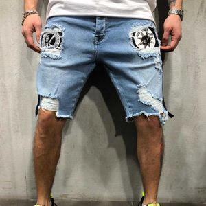 Novos Homens Buraco Bordado Bordado Calças De Jeans Slim Joelho Comprimento Masculino Casual Fino Verão Denim Calças Clássico X0621