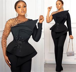 2021 Plus Storlek Arabisk Aso Ebi Svart Snygg Sexig Prom Klänningar Sheer Neck Beaded Jumpsuits Evening Formell Party Andra receptionen Gäster ZJ456