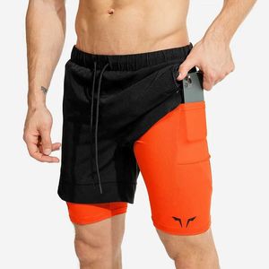 Sommar Mäns Sport Shorts 2 i 1 Säkerhetsficka Sexig Running Shorts Mäns Dubbelskikt Andas Fitness Training Pants 210720