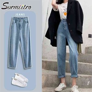 Korean Style Mom Jeans Women Spring Autumn Elastic Band Harem Denim Pants Female High Waist Boyfrind Blue 210421