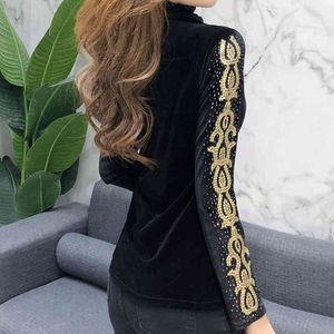 한국 패션 의류 벨벳 다이아몬드 표범 Turtleneck 플러스 사이즈 탑스 블랙 긴 소매 탑 셔츠 여성 7853 50 210415