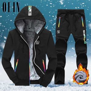 Winter Tracksuit Inner Fleece Hoodies Men Casual Hooded Sweatshirts Thicken Warm Set Mens 2PC Jacket+Pant Moleton Masculino 211103