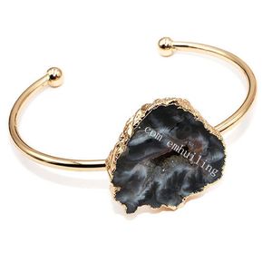 Nataral Brazilian Rough Agates Geode Slice Crystal Gemstone Druzy Bangle Gold Plated Irregular Raw Quartz Drusy Cuff Bracelet Bangles Handmade Ethnic Jewelry