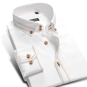 Lyx 100% bomull herrklänning skjorta vit långärmad formell mode företag högkvalitativ arbete social smart casual shirt 210708