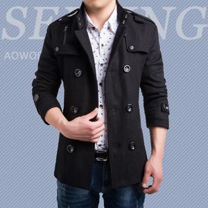 Сплошная зимняя траншея пальто мужчин повседневная толстая шерсть двубортная тепловая мужская куртка англия стиль негабаритный с длинным рукавом 210524