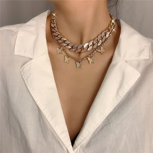 Luksusowy motyl Wisiorek Choker Naszyjniki Kobiety Iced Cuban Link Łańcuchy Moda Bling Crystal Rhinestone Animal Hip Hop Biżuteria Złoty Biały K Kolor