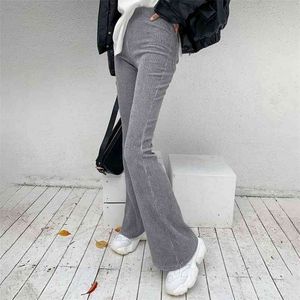 Solid Y2K Kvinnlig Corduroy Flare Byxor Kvinnor Casual Fall Vinter Harajuku Long Stretch High Waist Brousers Sweatpants 210510