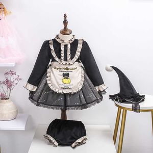 Spring Baby Girl Spain Embroidery Dress Children Vintage Lolita Princess Ball Gown Toddler Girls Maid Dresses Aprons + Hats 210615