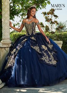 Granatowy Blue 2021 Sweet 16 Quinceanera Sukienki Zroszony Appliqued Off Ramię Formalna Wieczór Prom Dress Princess Ball Suknia