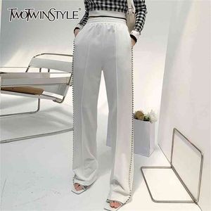 Twotyle White Casual Diamantes Pant Para Mulheres Cintura Alta Sólida Elastic Minimalista Calças Femininas Moda Verão Roupas 210915