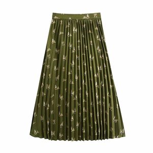 Streetwear Women Green Satin Long Kjolar Mode Ladies High Waist Kjol Kausal Kvinna Chic Tigers Skriv ut Pläterad 210427