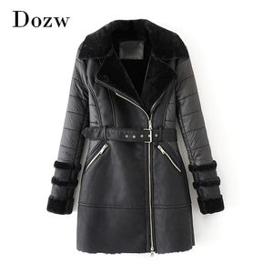 Women Thick Warm Black Coat Winter Autumn Long Sleeve Chic Faux Leather Jacket Lady Zipper Sashes Stylish Midi 210515