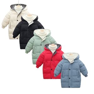 두꺼운 따뜻한 아이들이 코트 겨울 아기 ​​후드 파카가 롱 버전 자켓 파카 겉옷 어린이 의류 2-10Y 211203