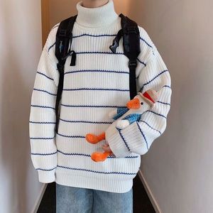 Randig tröja män hög nacke varm casual lösa märke mens tröjor turtleneck vinter pullover koreanska stil man stickad 210524