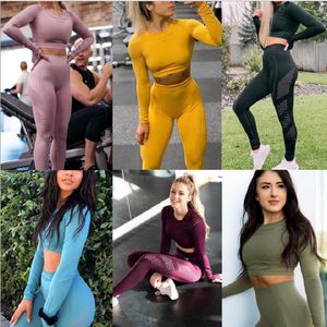 Yoga Kläder Kvinnor Tracksuiter Byxor Sport Fitness Hög midja Hip Lift Långärmad Fast Färg Crew Neck Tight Fit Hollow Out Snabbtorkning 7 färger WMD