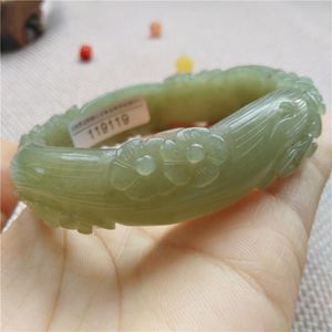 Bangle Natural Green Jade Handcarved Plum Blossom Jadeite Jasper Armband Kvinnor Bangles Smycken