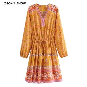 Bohemia Women Yellow Floral Print Long sleeve Dress BOHO Holiday V neck Tassel Bandage Elastic Waist Mini Short Dresses 210429