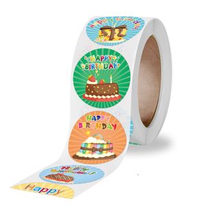 6 disegni diversi colorati buon compleanno etichetta adesiva stampa rotolo di carta patinata CMYK etichette stampate per regali per feste in cerchio