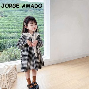 Spring Girls Dresses Black Plaid With White Lace Shawl Retro Style Princess Girl Clothes E0025 210610