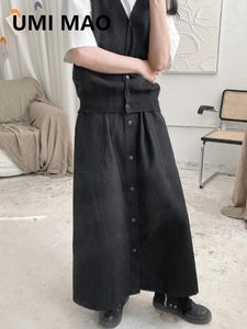 2021スプリングルーズロングスカート女性ヨジヤマモト風力ダークブラックジャパンミッドレングスシングルブレストAラインスカート