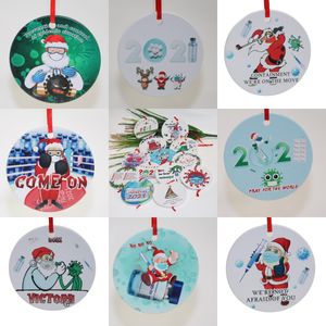 Ceramic pendant Creative Christmas Quarantine ornaments Heat transfer Printing DIY Ceramic Ornament Round Christmas Tree decor with Rope