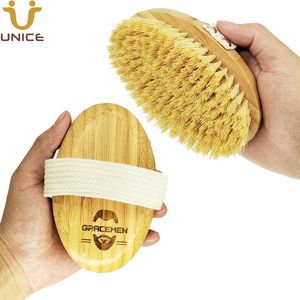 MOQ 50 PCS OEM Customized LOGO Shower Brush Natural Stiff Sisal Bristle Oval Bamboo Handle Wet Dry Body Brushes Men Women Supply for Amazon