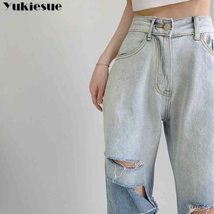 streetwear vita alta moda donna jeans donna buco strappato donna pantaloni gamba larga pantaloni donna jean femme denim mom jeans 210519