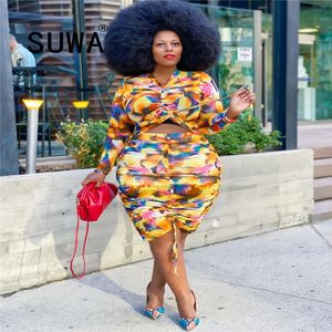 Spring Fall Wholesale Plus Size Clothing Women 2 Piece Set Tie Dye Pullover Top Stacked African Elegant Retro Midi Dress Skirts 210525