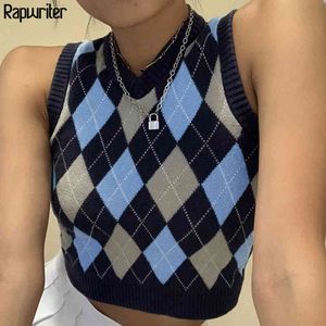 Vintage 90s Argyle Sweater Vest Kvinnor Y2K Ärmlös Plaid Stickad V Neck Crop Top Casual Höst Preppy Style Kläder Knitwear 210415