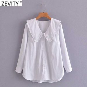 Zevity Frauen Süße Agaric Spitze Drehen Unten Kragen Weiße Bluse Damen Langarm Casual Shirts Chic Weibliche Blusas Tops LS9225 210603