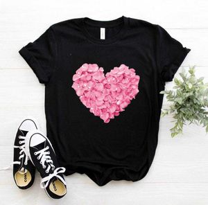 핑크 하트 플라워 프린트 여성 Tshirt 면화 캐주얼 재미있는 T 셔츠 선물 90 년대 Yong 소녀 드롭 우주선 PKT-894 x0628