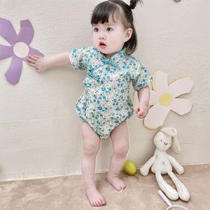 Rompers Китайский стиль ребенка с коротким рукавом ползунок цветочный боди летний хлопок Cheongsam комбинезон цельный комбинезон младенческой малыш