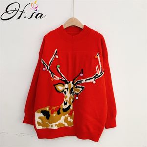 Women Christmas Sweaters Cartoon Deers Embroidery Knit Sweater Jumpers Red Warm Chic Retro Pull Femme 210430