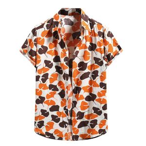 Erkek Moda Pamuk Keten Gömlek Vintage Ginkgo Yaprak Baskı Kısa Kollu Düğme Hawaii Plaj Tatil Tops # 4 Casual Gömlek