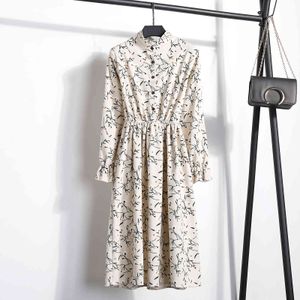 Flower Plaid Printed Corduroy Vintage Dress Women Stand Neck Buttons Long Sleeve Elastic Waist Fall Winter Casual A Line Dresses 210507