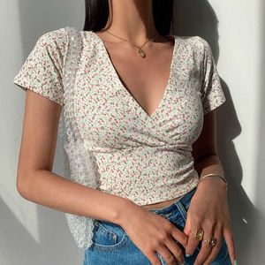 V-Neck Vintage Krótki Rękaw Kobiety Crop Top Blue Flower Print Cross Plised T-shirt Casual High Paist Kobieta Koszula Slim Topy Y0629