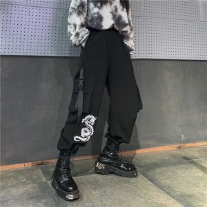 Vintage Ins Fashion Casual Black Dragon Print Bukiet Nogi Spodnie Luźne Gothic Plus Size Streetwear Kieszeń szeroki 210608