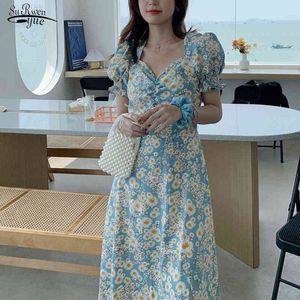 Plus Size Party Dresses Summer Summer Puff Sleeve Floral Long Dress Boho V Neck Sexy Dress Dla Kobiet Vestidos 14690 210518