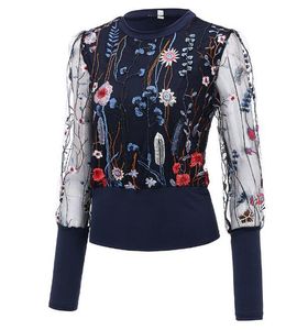 女性ブラウスの花刺繍入りのメッシュレディースシャツブラックエレガントなパッチワーク春夏ファッション女性210416
