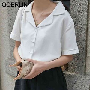 Lato Koreański Chic Luźny Temperament Krótki Rękaw Biały Szyfonowa Koszula Damska Solidna Peter Pan Collar Single Breasted Top 210601