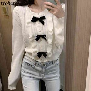 Jesień Cute Bow Patch Cropped Women Knitted Cardigans O-Neck Miękkie Ciepłe Z Długim Rękawem Elegancka Kobieta Knit Storage 210519