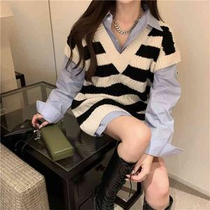 Korean style stitching striped V-neck sweater loose vest female student hedging college spring and autumn knit top tide 210427