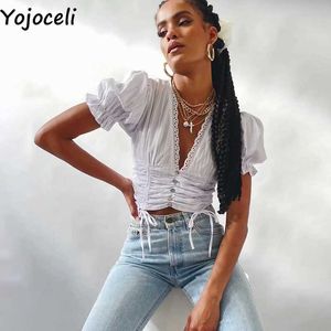 Yojoceli Sexy v шеи белые кружевные блузка женщины вишня печать короткие летние повседневные прохладный пляж милые ежедневные дневные топы женские 210609