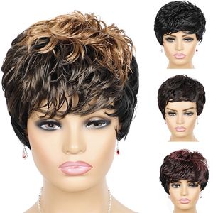 Honey Blonde Ombre Wavy Pixie Cut Short Wig 1B/27 1B/99J High Temperature Fiber Synthetic Glueless Wigs With Bangs For Black Women