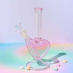Bong in vetro a forma di cuore rosa da 9 pollici, narghilè, narghilè, bicchiere dab rig, gorgogliatore per pipa ad acqua