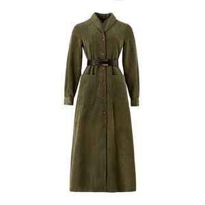 Maxi abito verde militare donna collo a scialle manica lunga impero vintage coduroy tasca bottone D2204 210514