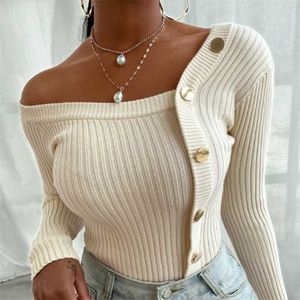 Sexy Patchwork Dzianiny Damskie Swetry Slim Skew-Collar Button Z Długim Rękawem Kobiet Sweter Jesień Moda Lady Pullover 211011